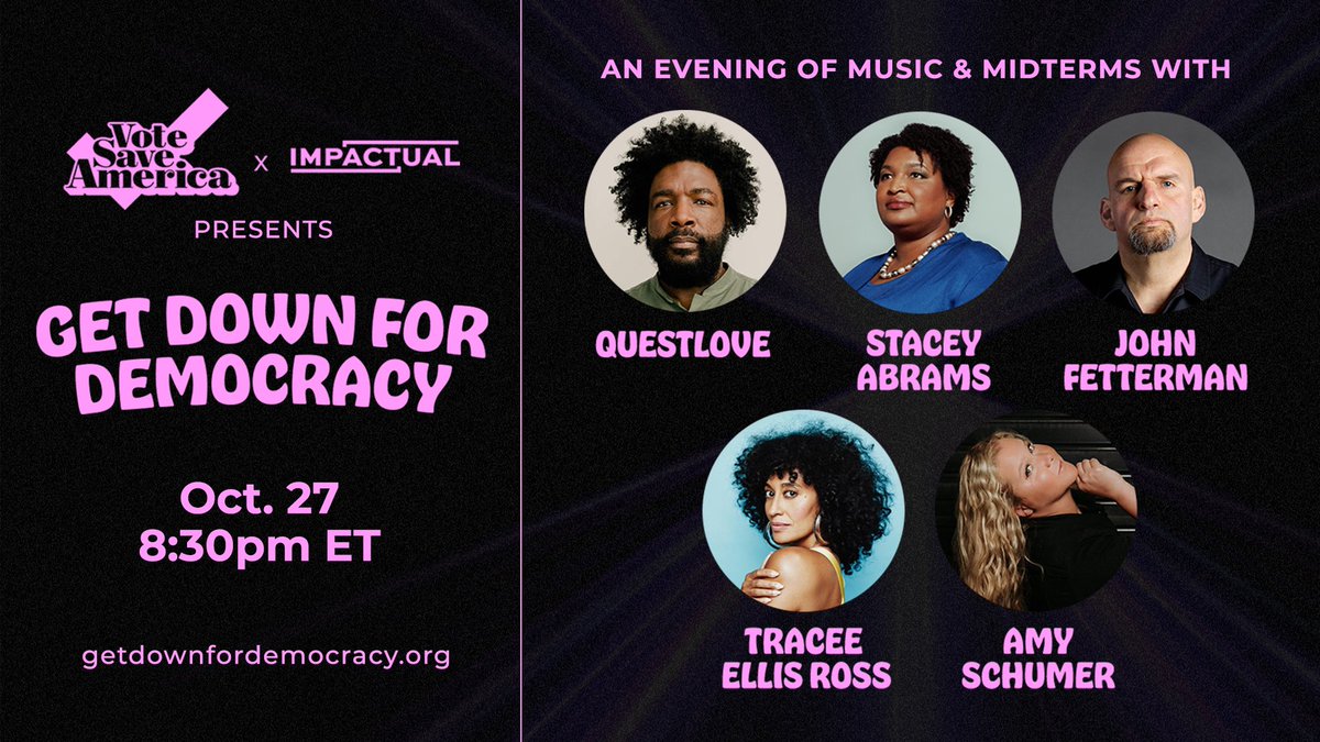 Join @questlove & I to #GetDownforDemocracy tonight at 8:30 ET/5:30 PT! We’re throwing a live virtual event with music & midterm updates with special guests @staceyabrams, @johnfetterman & more! Sign up and come get down with us! getdownfordemocracy.org