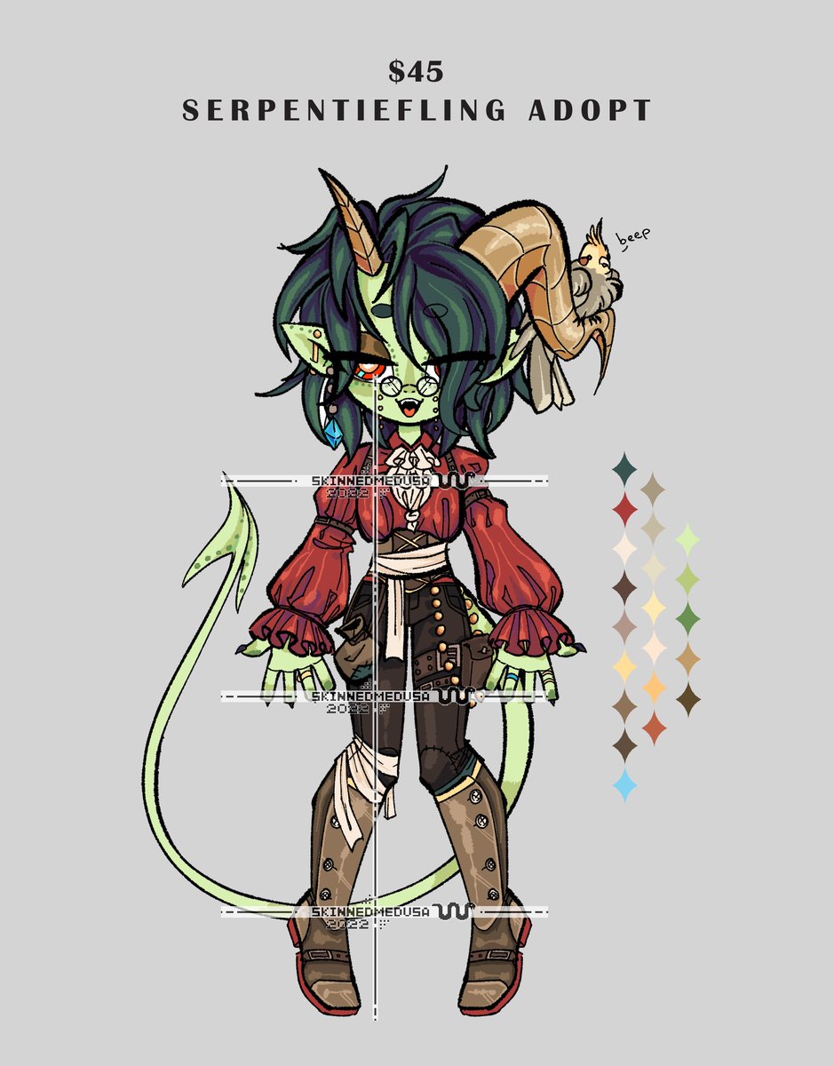 SkinnedMedusa's tweet image. serpent tiefling + a beeper!

more info below 
⬇⬇⬇
-
#dndadoptable #dndadopt #adoptable