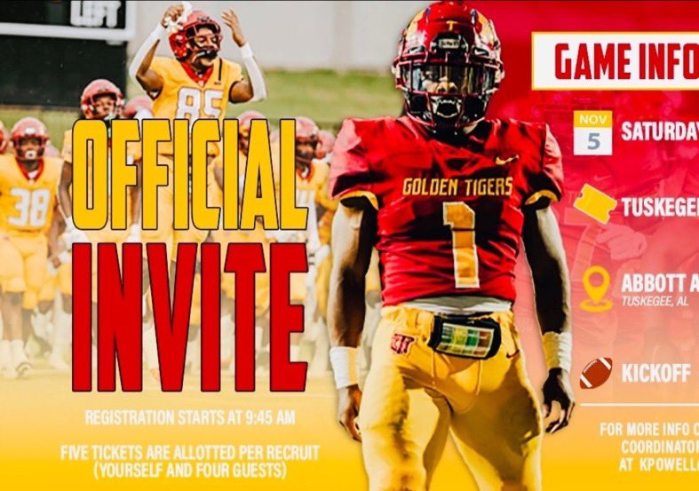 Thank you <a href="/CSmithQBs/">CLINTON SMITH JR.</a> for the Official game invite #TuskegeeFB