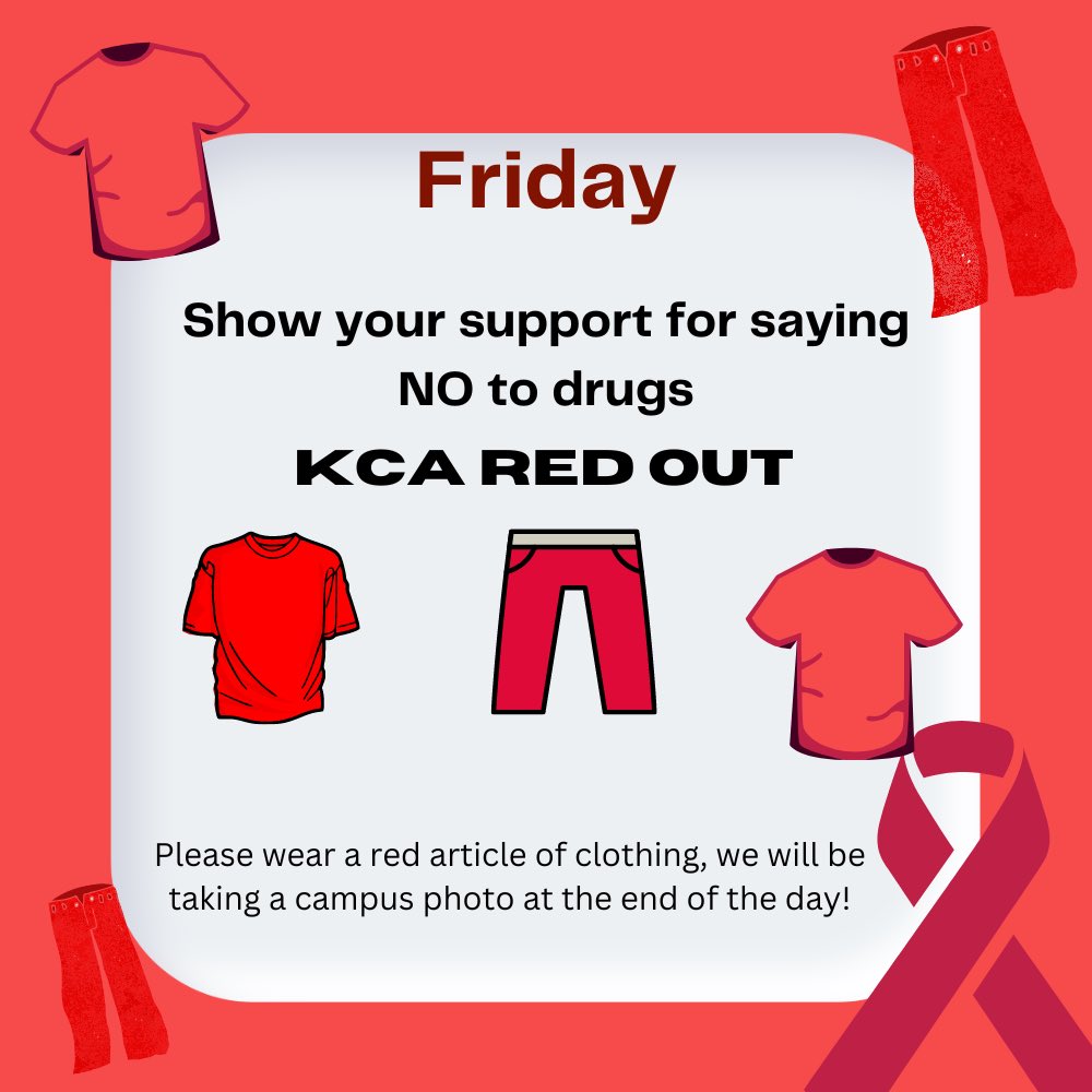 Hey <a href="/kcahosa/">Keller Collegiate Academy HOSA</a> , StuCo challenges you to see who can wear the most red for red out day TOMORROW! <a href="/KISD_Academy/">Keller Collegiate Academy</a> #redribbonweek