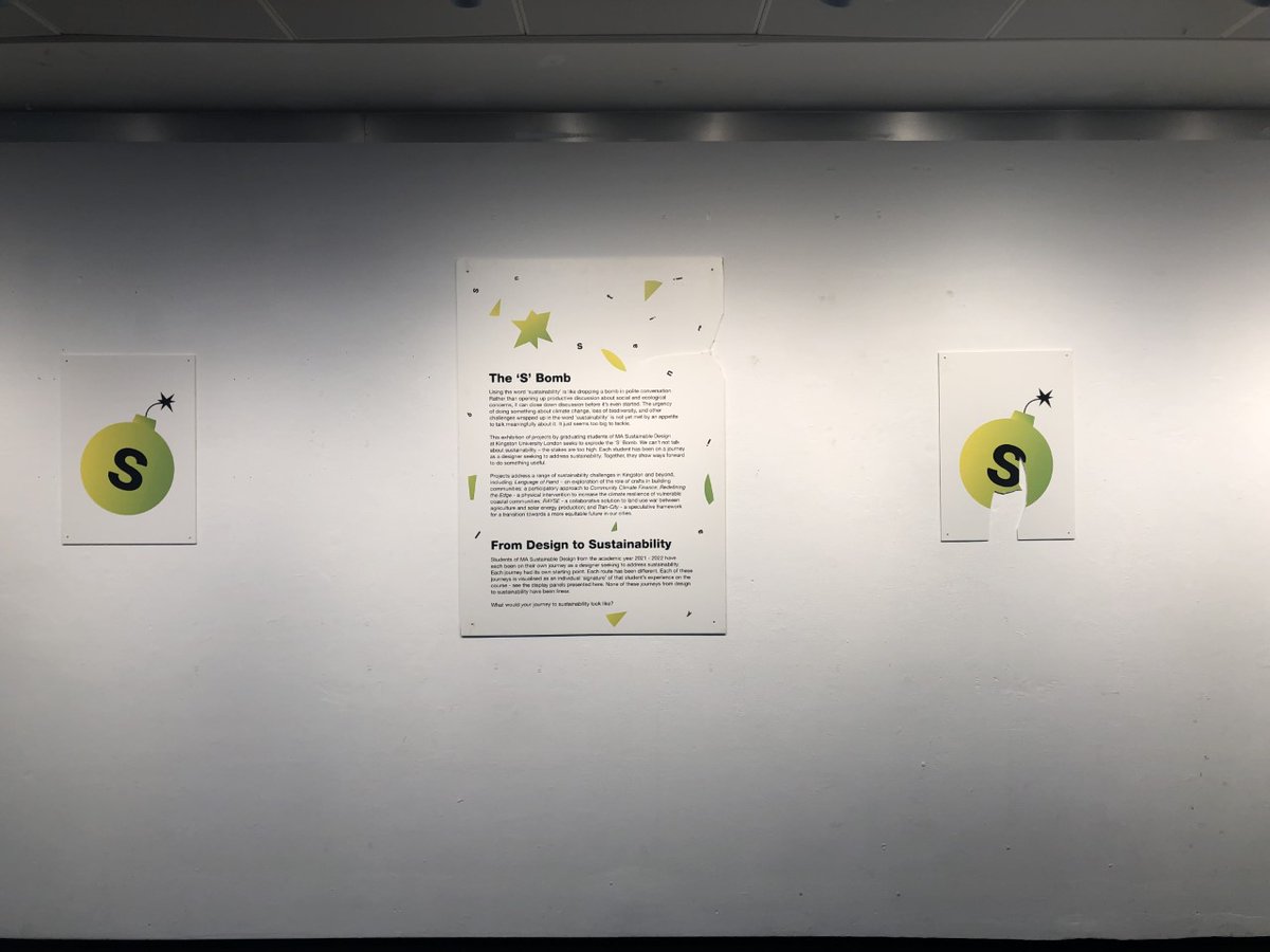 micklethwaite's tweet photo. The 'S' Bomb exhibition by MA Sustainable Design was held outdoors over two weeks in September 2022. It was open to the public and the elements, resulting in physical damage to the display panels. The 'S' Bomb was exploded (!) and is now reinstalled at @KingstonSchArt https://t.co/UAhFNzBkuG
