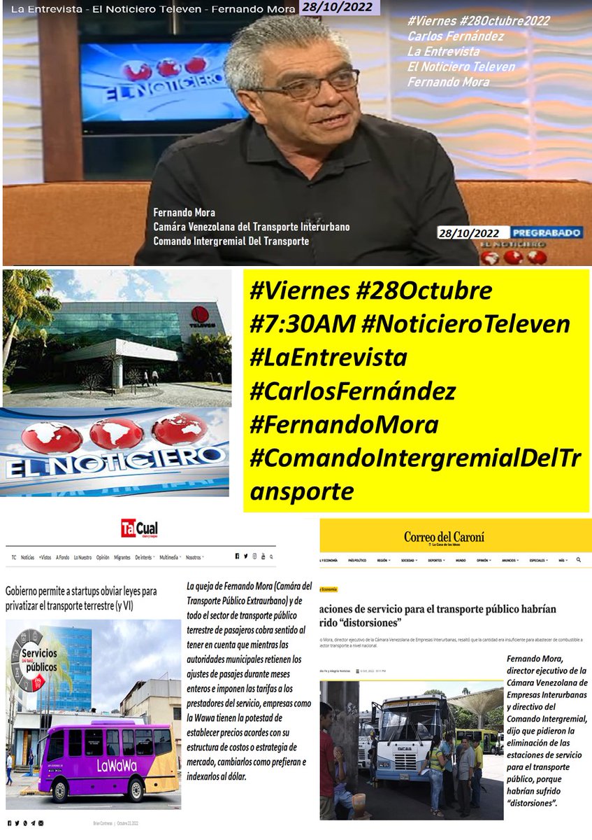 angelcacique's tweet photo. #Viernes #28Octubre #7:30AM #NoticieroTeleven @El_Noticiero
#LaEntrevista #CarlosFernández
#FernandoMora
#ComandoIntergremialDelTransporte
@YelmiraJB @Unionradionet @DiarioTalCual @radiofeyalegria @CorreodelCaroni @CronicaUno @contrapuntovzla @EfectoCocuyo @CaraotaDigital https://t.co/ISj9tJDMXa