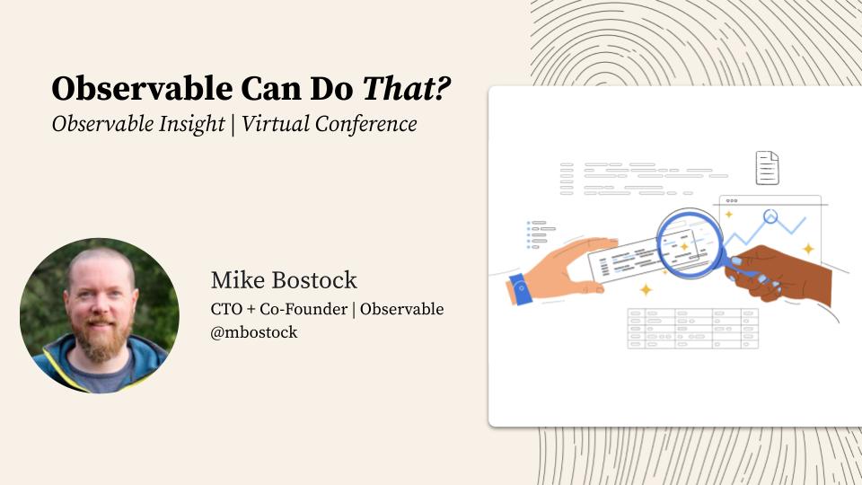 observablehq's tweet photo. 🤔 Did you know Observable can do THAT? Join our very own Co-Founder @mbostock where he shows what's possible on Observable! 

👉 https://t.co/RacIQa8FAD

#ObservableInsight https://t.co/LpGPmbGnAe