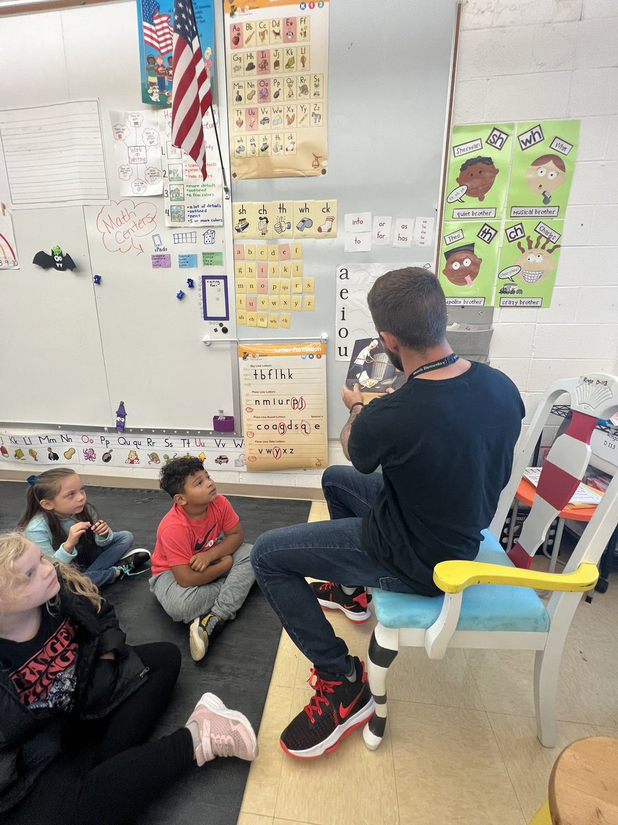 Miss_Geiss's tweet photo. Brought a mystery reader with me in first grade today! Mr. Anderson and I loved sharing #SecretPizzaParty with these students! @54Elementary #TeachMorris https://t.co/pY5fUVFeLJ