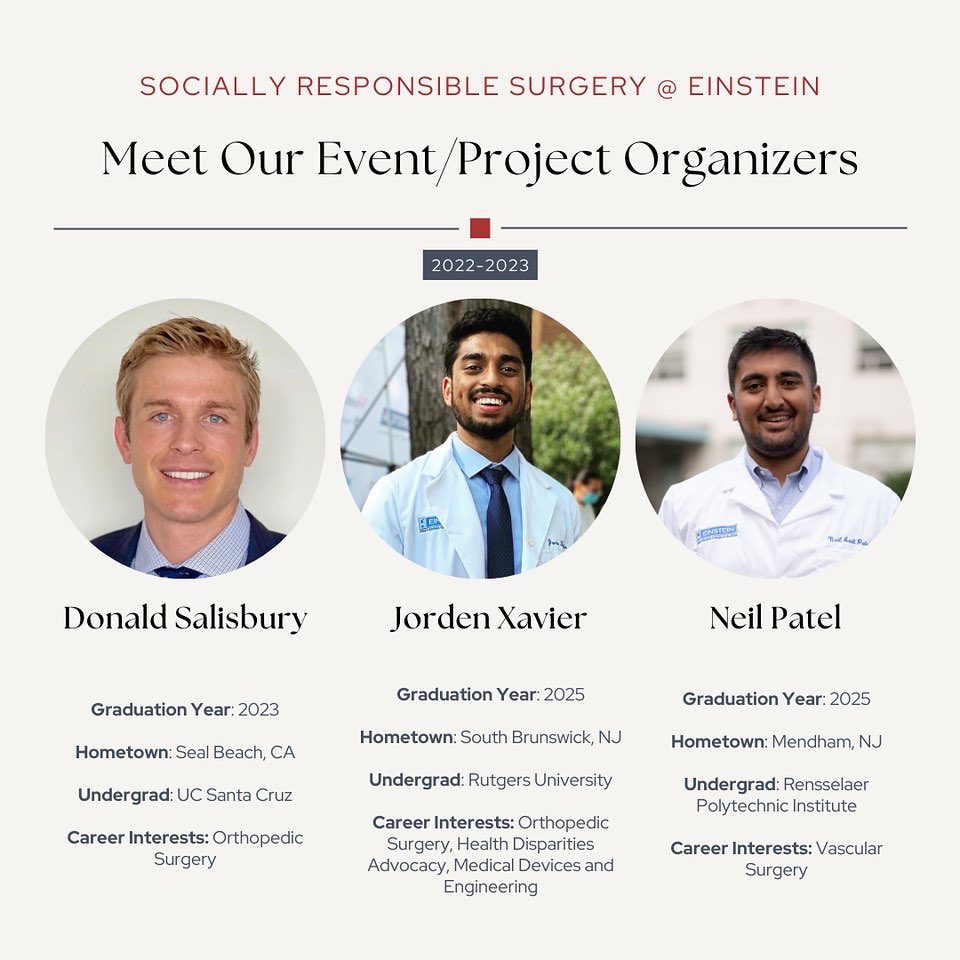 EinsteinSRS's tweet photo. Meet our event organizers - Donald, Jorden &amp; Neil. Our club has a lot of projects in the works thanks to these 3. Stay tuned to see what they’ve been working on to help SRS improve surgical care in the Bronx!🩺🧠 #sociallyresponsible #surgery #medicalstudent #medicalschool #bronx https://t.co/i9lyIWkjm0