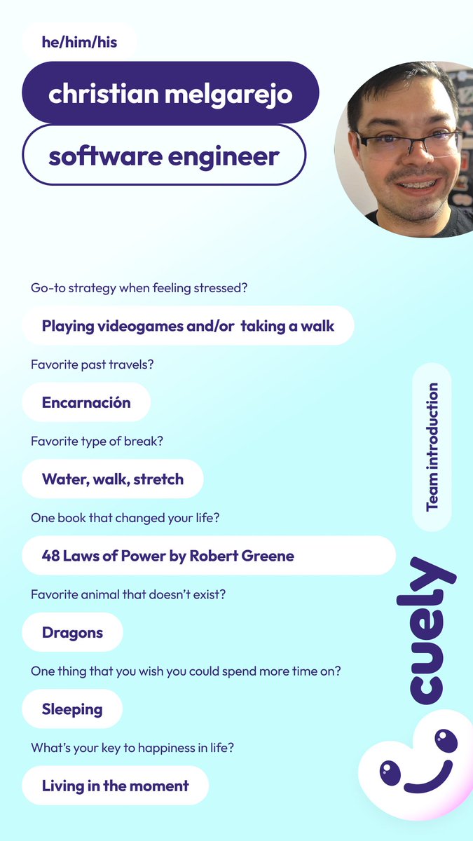 cuelyai's tweet photo. Christian M. has been a software engineer for 17 years, and knows a thing or two about burnout, having been through a couple in his career and learned a thing or two about how to avoid it. 

Learn more about Christian! 👇 https://t.co/qB1nVaG9X9