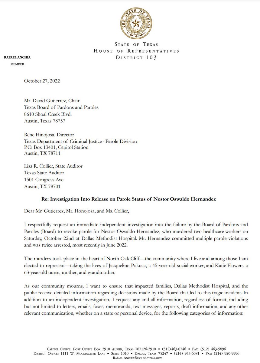 RafaelAnchia's tweet photo. BREAKING: Decisions taken by Abbott’s Board of Pardons & Paroles led to the release of a dangerous criminal who murdered two of members of our community at @mhshospitals.
This morning, I requested an immediate independent investigation to demand answers.
#PrayForMethodist (1/2) https://t.co/fpMZ9JSnPR