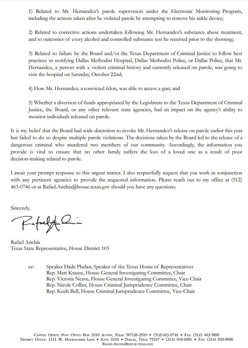 RafaelAnchia's tweet photo. BREAKING: Decisions taken by Abbott’s Board of Pardons & Paroles led to the release of a dangerous criminal who murdered two of members of our community at @mhshospitals.
This morning, I requested an immediate independent investigation to demand answers.
#PrayForMethodist (1/2) https://t.co/fpMZ9JSnPR