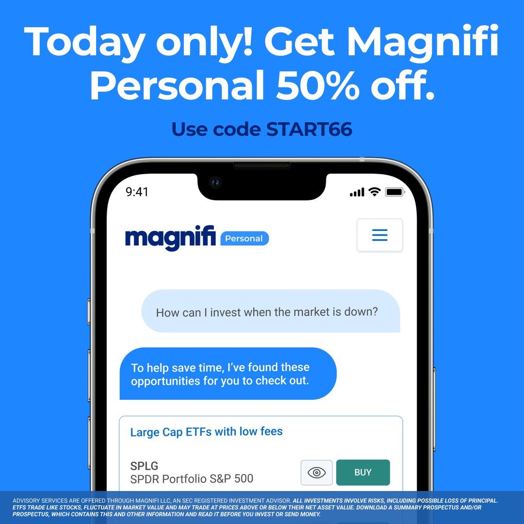 DiscoverMagnifi's tweet photo. To celebrate our new Magnifi Personal annual subscription plan, get an extra 50% off your first year—today only! Use code START66 before midnight (PT) tonight to get AI-powered investing assistance for only $66. https://t.co/7cv6cku9AD https://t.co/e4EDQM7yQM