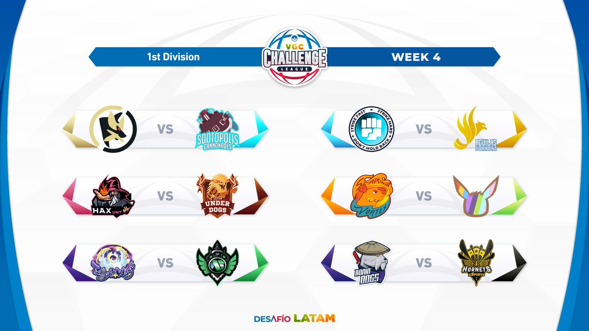Another week of VCL 🔥
Root for your favorite teams on stream this weekend!

🏷️ | VCL WEEK 4
📌 | Season 2
🏆 | 1sr Division
🗓️ | 10/24 - 10/30
🛡️ | 6 vs 6
🆚 | Spikemuth Doubles
🔗 | desafiolatamvgc.com/vcl/