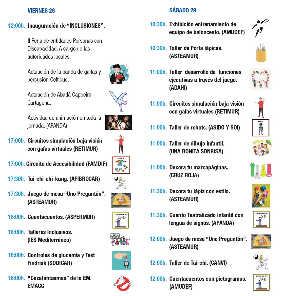AstradeRMurcia's tweet photo. Estamos muy contentos de poder anunciar que este viernes se celebrará la inauguración de la II Feria de Entidades de Personas con Discapacidad en Cartagena y Astrade estará presente 🥰

Os dejamos el timing de todo lo que se hará este fin de semana📅
#Inclusiones
@AytoCartagenaES https://t.co/5qzOPU55i0