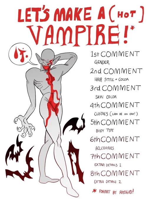 Hey! I wanna paint a spooky vampire lady for Halloween, comment don't need to be in order, bonus points if you leave visual mood-board-style inspiration 🩸🦇

template by @/puyogho 