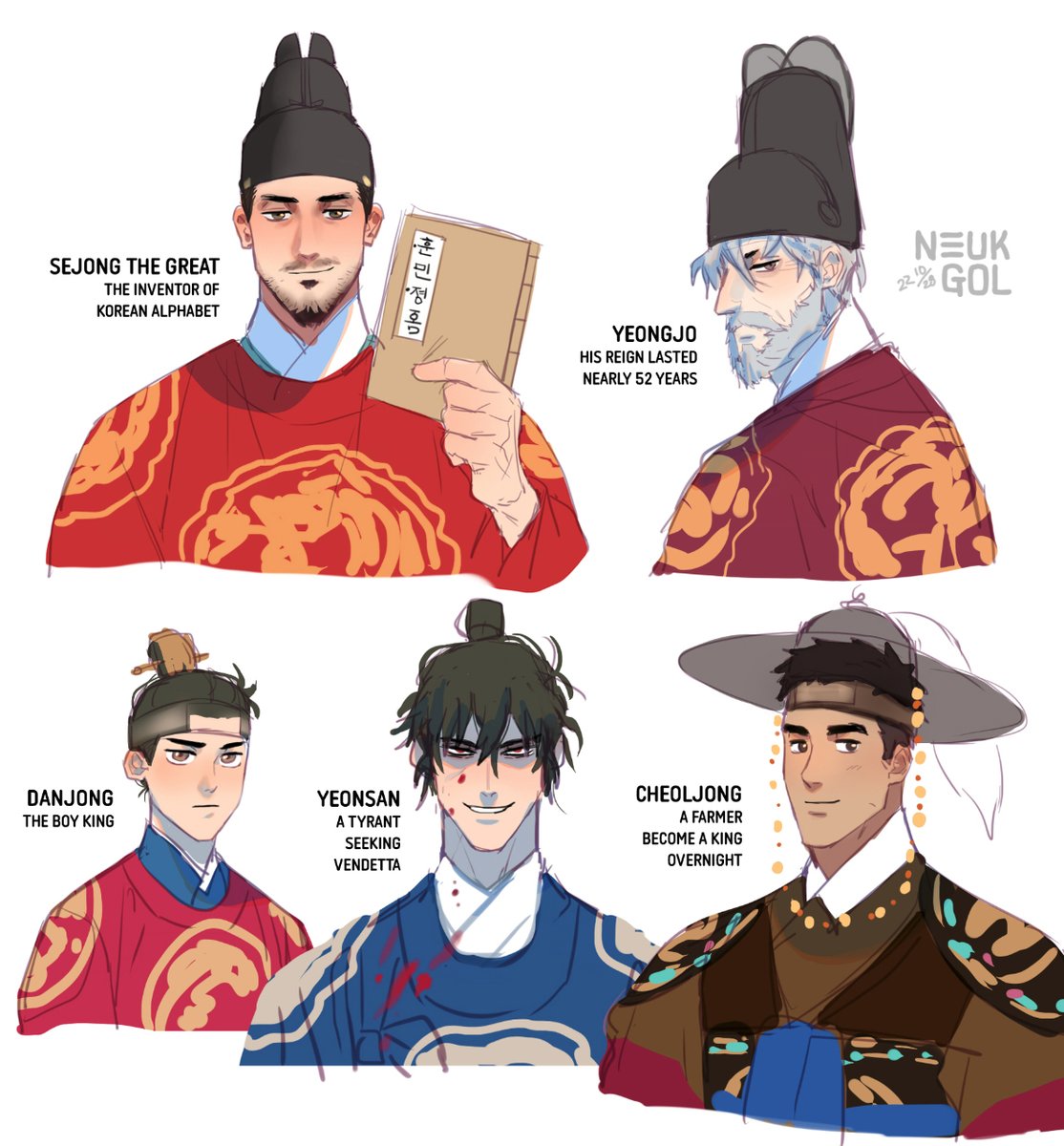 I jokingly drew some of iconic joseon dynasty kings after I saw some handsome sejong(??) art on the internet... 