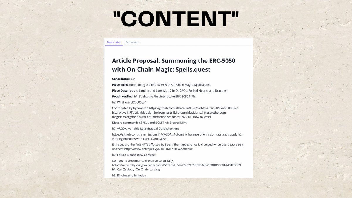 content guild ✎ (@contentguildxyz) on Twitter photo 🧾funding approved🧾
@livpasquarelli goes deep on ERC-5050 w/ <a href="/spellsdao/">Spells ⢎.❋</a>
coming to a screen near you nov 15th ⢎.❋
check the full proposal here: bit.ly/3U6RP4B 🧾funding approved🧾
@livpasquarelli goes deep on ERC-5050 w/ <a href="/spellsdao/">Spells ⢎.❋</a>
coming to a screen near you nov 15th ⢎.❋
check the full proposal here: bit.ly/3U6RP4B