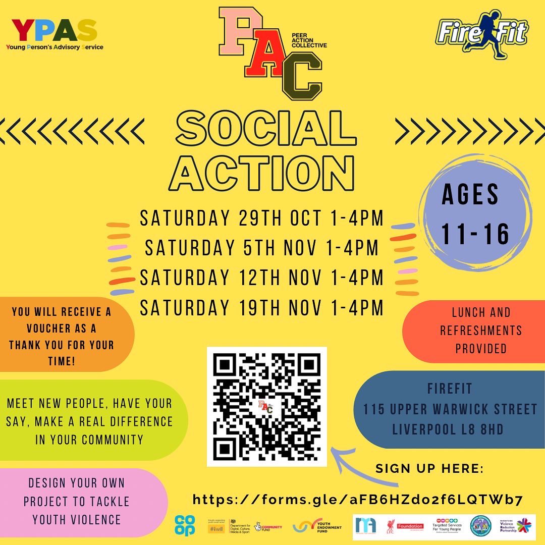 YPASLiverpool's tweet photo. 📣Calling all young people across Merseyside aged 11-16!
This Saturday at @firefithub come & design a social action project, have your say & make a difference!
You will also receive a £10 voucher for your time 🙌
📍Fire Fit Hub L8
⏰Sat 29th Oct 1-4pm
#PACMerseyside https://t.co/amRhAMbybE