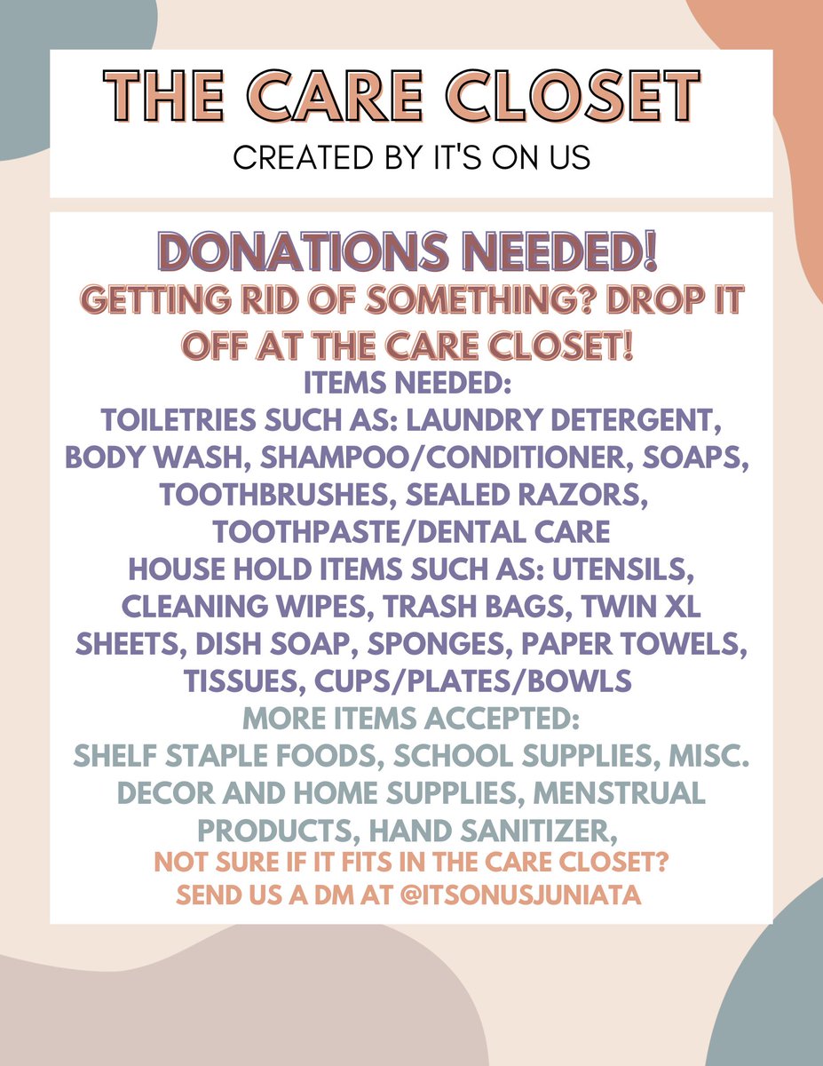 juniataspot's tweet photo. The Care Closet could use some help getting filled. Check out the list of needed items and help students needing a little boost. Contact @itsonusjuniata with any questions. #wingsup https://t.co/yWpMPvwXaz