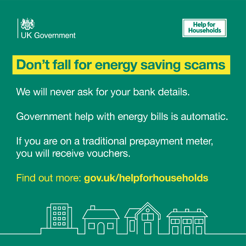 GOVUK's tweet photo. Government help with energy bills is automatic and we will never ask for your bank details. Find out more.