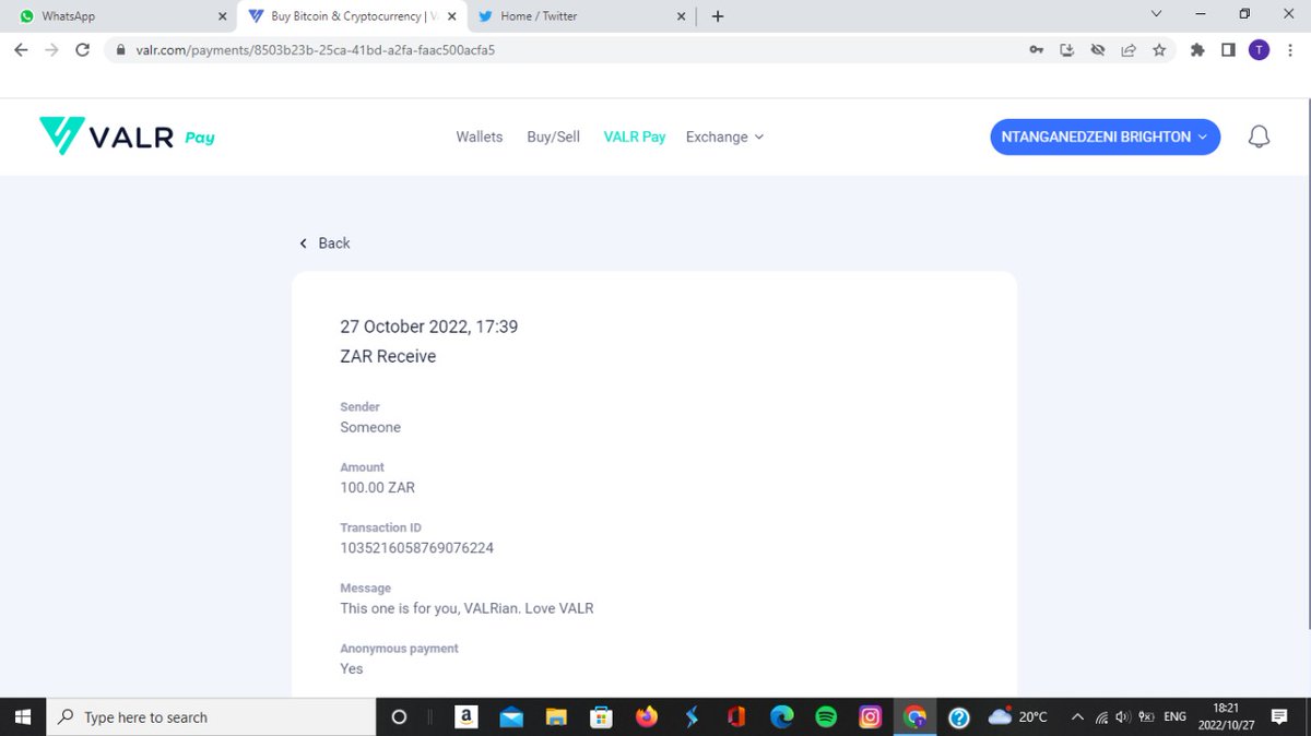 Tiendalll's tweet photo. Thanks @VALRdotcom for the gift that came through #VALRPay at speed of light. 

Kind regards 
A happy #VALRian 💙 https://t.co/UhO77wQc55