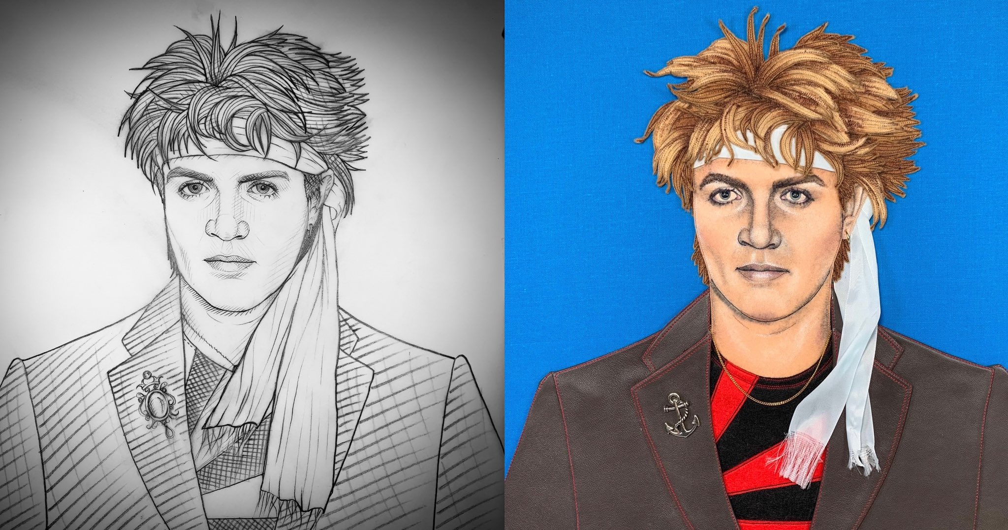 HAPPY BIRTHDAY SIMON LE BON !! HERE IS MY DRAWN PLAN, NEXT TO THE FINISHED SEWN PORTRAIT.  