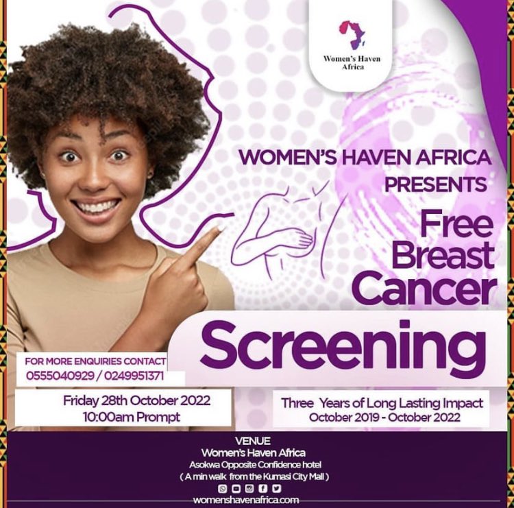 BGapgh's tweet photo. Women's Haven Africa is organizing a free breast cancer screening exercise.

Join them on Friday 28th October 2022, tomorrow at exactly 10:00 am.

Early detection is key to beating this disease.

#BridgeDaGapGh #BTG  #breastcancer #breastcancerawareness #cancer  #cancersurvivor https://t.co/I5wz3Bg5nP