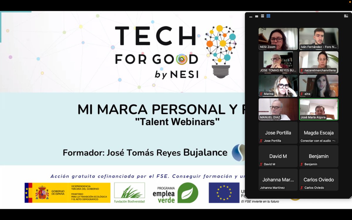 nesiforum's tweet photo. Arrancamos el Ciclo de #Talent #Webinars de #Tech4GoodbyNESI para fomentar el talento innovador, mejorar las capacidades y habilidades profesionales de los participantes en el proyecto🙌 Y comenzamos trabajando sobre "Quien soy yo: Mi Marca Personal y RRSS" #Empleaverde https://t.co/7bWLLV527e