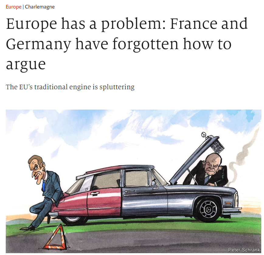 My column this week is about the spluttering Franco-German engine at the heart of the EU. The problem isn't that they are squabbling (they are!) it is that they aren't fighting in a way that will result in productive European compromise. economist.com/europe/2022/10… 🧵 below