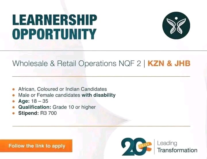 Learnership Opportunity Available
For KZN &amp; JHB candidates with disability

If you meet the requirements, please send your application to: sourcing@progressionecosystem.co.za

#JobSeekersSA #vacancies #FrenchOpen2022
#BarcaBayern #ELONMUSK #Budget2023 #Jobs