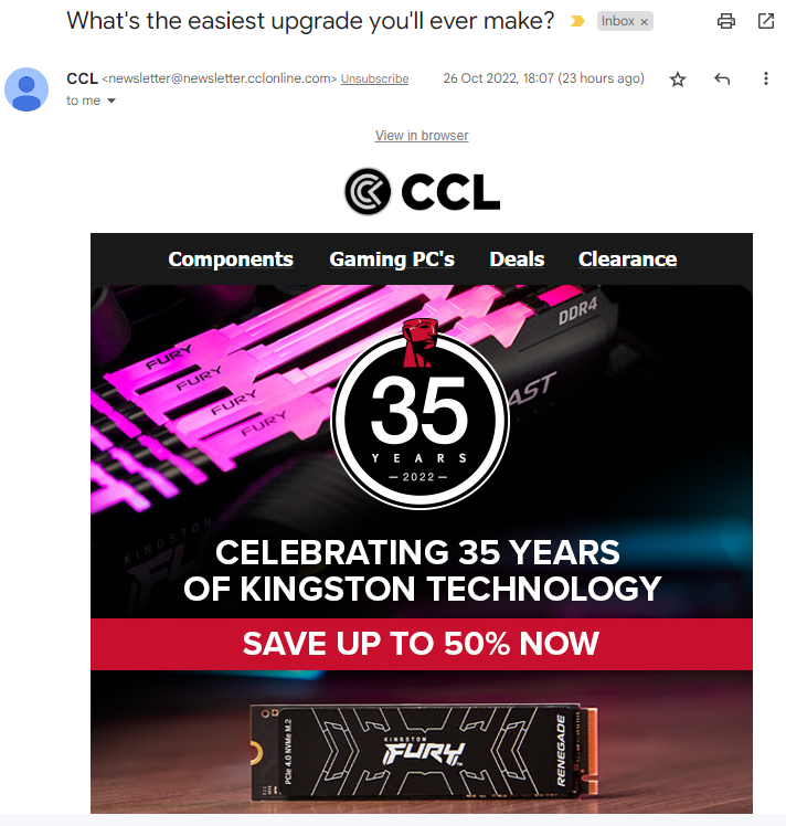 TeaTeaKay's tweet photo. @CMDR_Aconite @CCLcomputers Well @CCLcomputers still haven't responded, so I have contacted them again. Their spam system has, however, managed to send me an ad for some of the components they still haven't sent me. "Easiest upgrade I'll ever make"? Perhaps if you sent me the things I paid for, yes! https://t.co/FoJWuusnNI