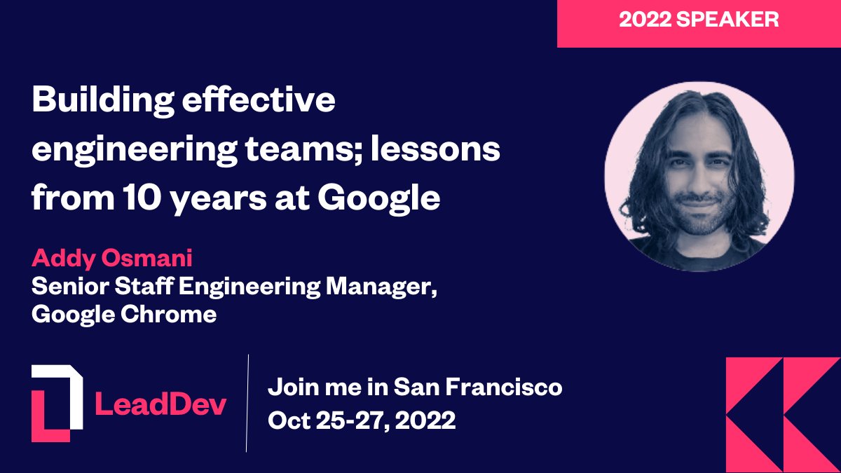 Get the tips, tricks and frameworks for building effective teams based on over a decade of experience with @addyosmani as we get underway with our first talk from #LeaDevSanFrancisco at 09:45 PDT. Watch all talks from day 2 live with a Digital Access Pass bit.ly/3FiErWD