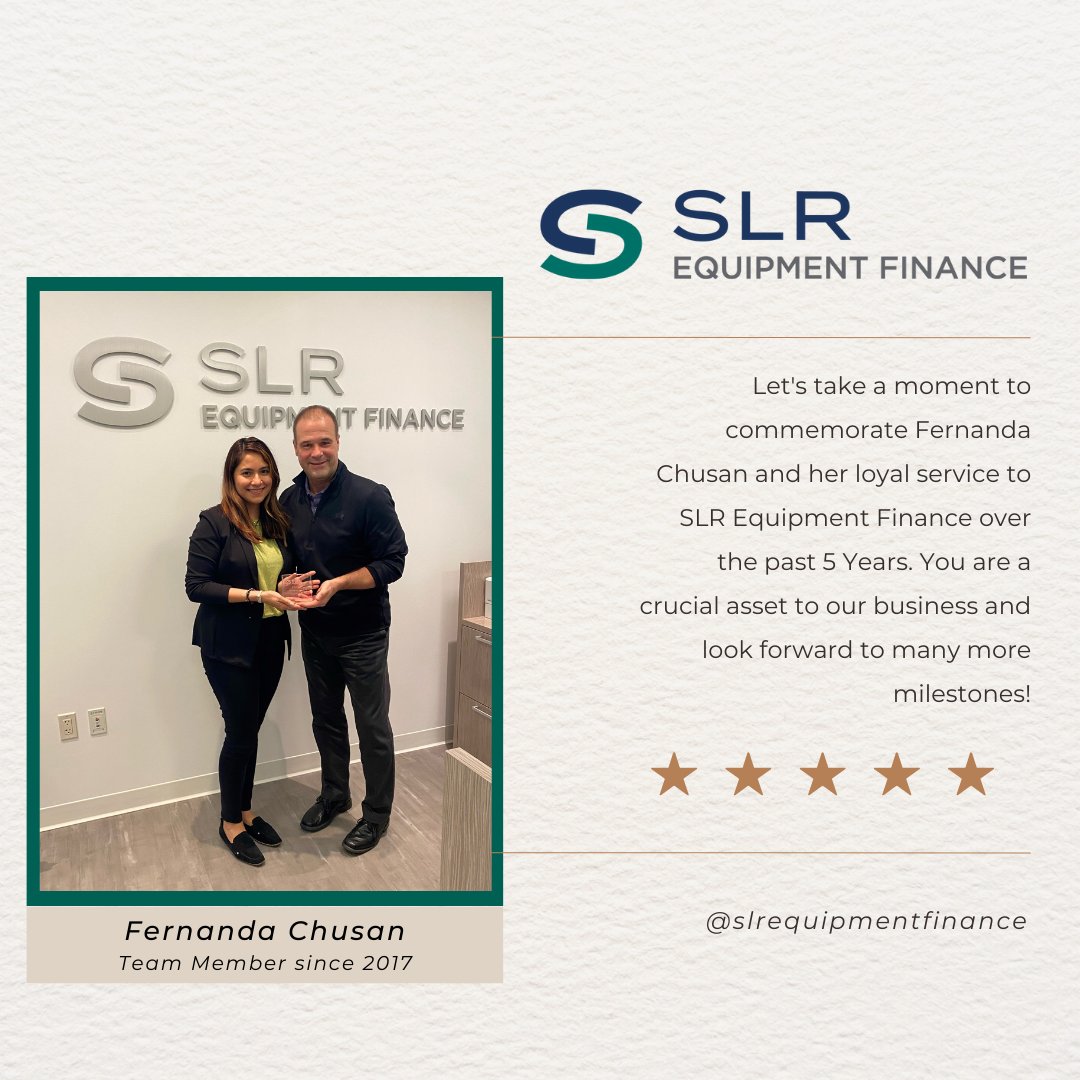 During today's Q3 All Member Meeting, Thomas Casey presented Fernanda Chusan Roman her 5 Year Anniversary Award with <a href="/nationsef/">SLR Equipment Finance</a>!

Thank you so much for all you do Fernanda, we are lucky to have an enthusiastic team player like you!

#5yearsworkanniversary #thankyou