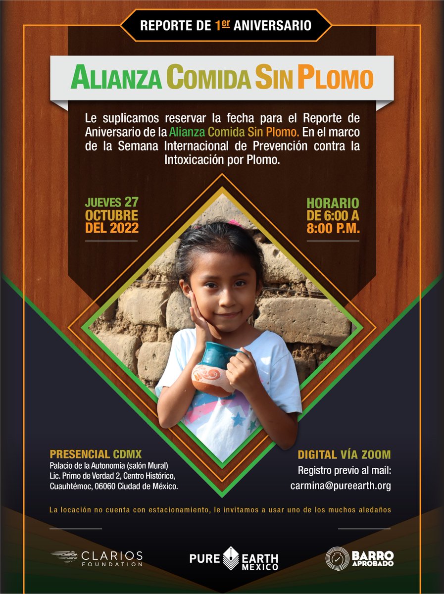 PureEarthMexico's tweet photo. Hoy es el aniversario de la #AlianzaComidaSinPlomo https://t.co/v9AsHtoVRY, conoce los resultados que con tu apoyo hemos alcanzado. Por la salud de toda la niñez en #México #SoluciónAlPlomo #LeadSolutions #SolveLeadPollution #ILPPW2022 #ILPPW https://t.co/bX4KSx7X8I