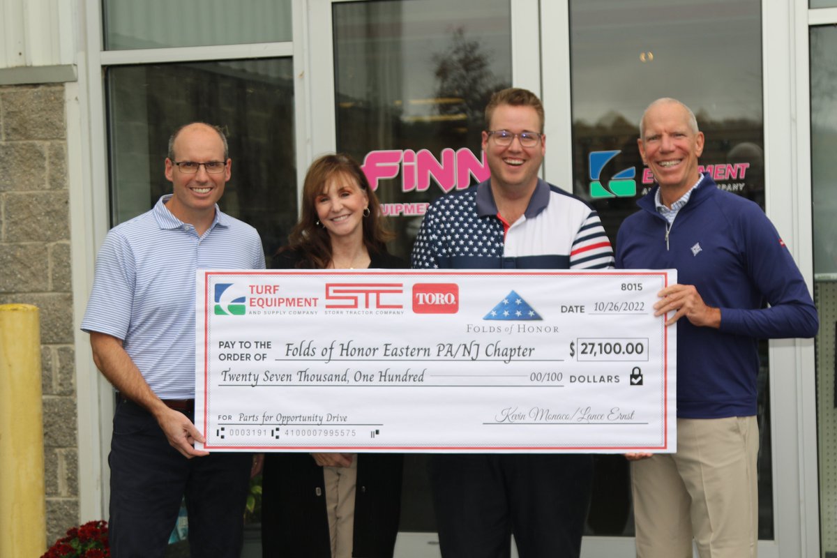 Honored to host Beth and Matt from <a href="/FoHEPANJ/">FoldsofHonorEasternPANJ</a> and present them with a donation from the Parts for Opportunity drive sponsored by <a href="/TheToroCompany/">Toro</a>, <a href="/TurfEquipSupply/">Turf Equipment</a> and <a href="/StorrTractor/">StorrTractor</a>. We are proud to partner with <a href="/FoldsofHonor/">Folds of Honor</a>