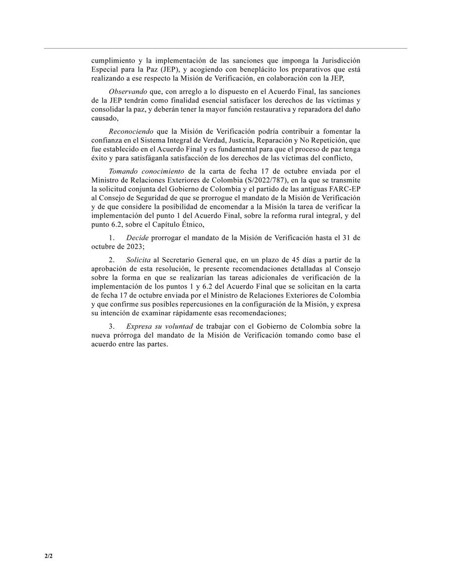 MisionONUCol's tweet photo. 🔴 #Atención Hoy, el Consejo de Seguridad de las Naciones Unidas, reafirmando su pleno apoyo al proceso de paz en #Colombia 🇨🇴, extendió el mandato de la @MisionONUCol hasta el 31 de octubre de 2023, bajo la Resolución 2655 de 2022. Aquí la resolución 👉 https://t.co/yGFiZUt6u0 https://t.co/xZuBB8KevP