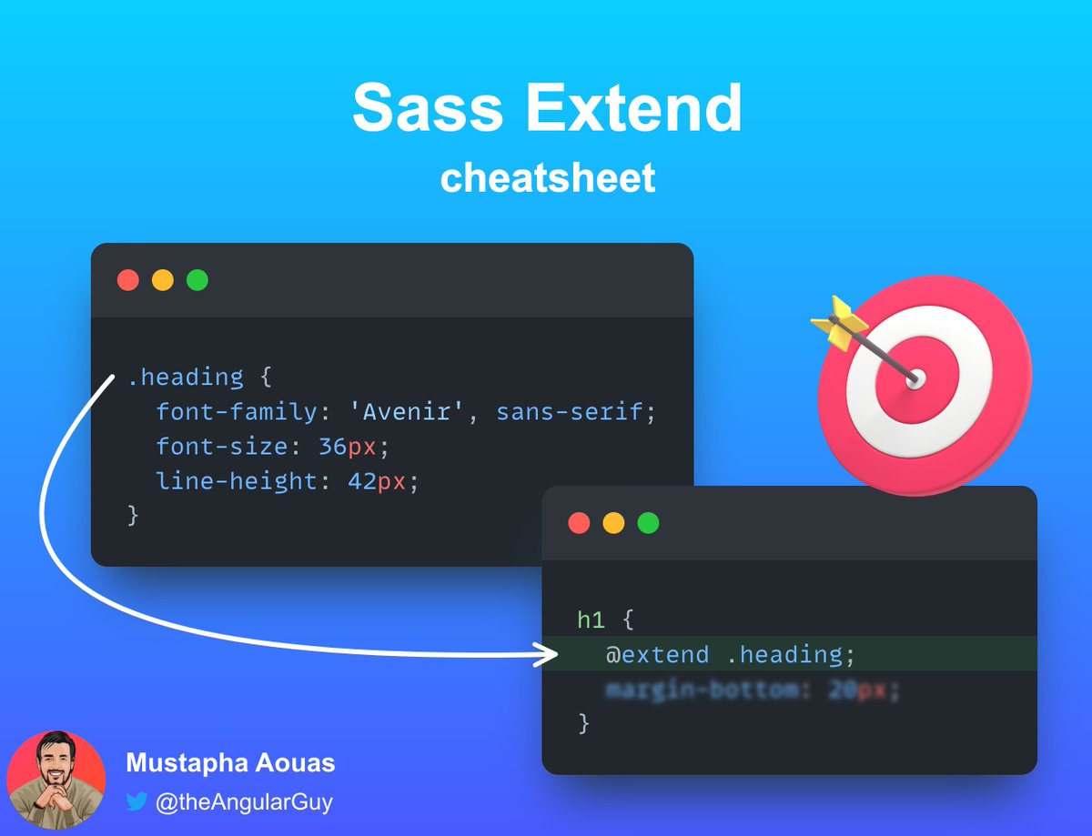 TheAngularGuy's tweet image. When designing a page, there are many times when one class should have all of the styles of another class as well as its own unique styles. For these cases you can use @extend 👇