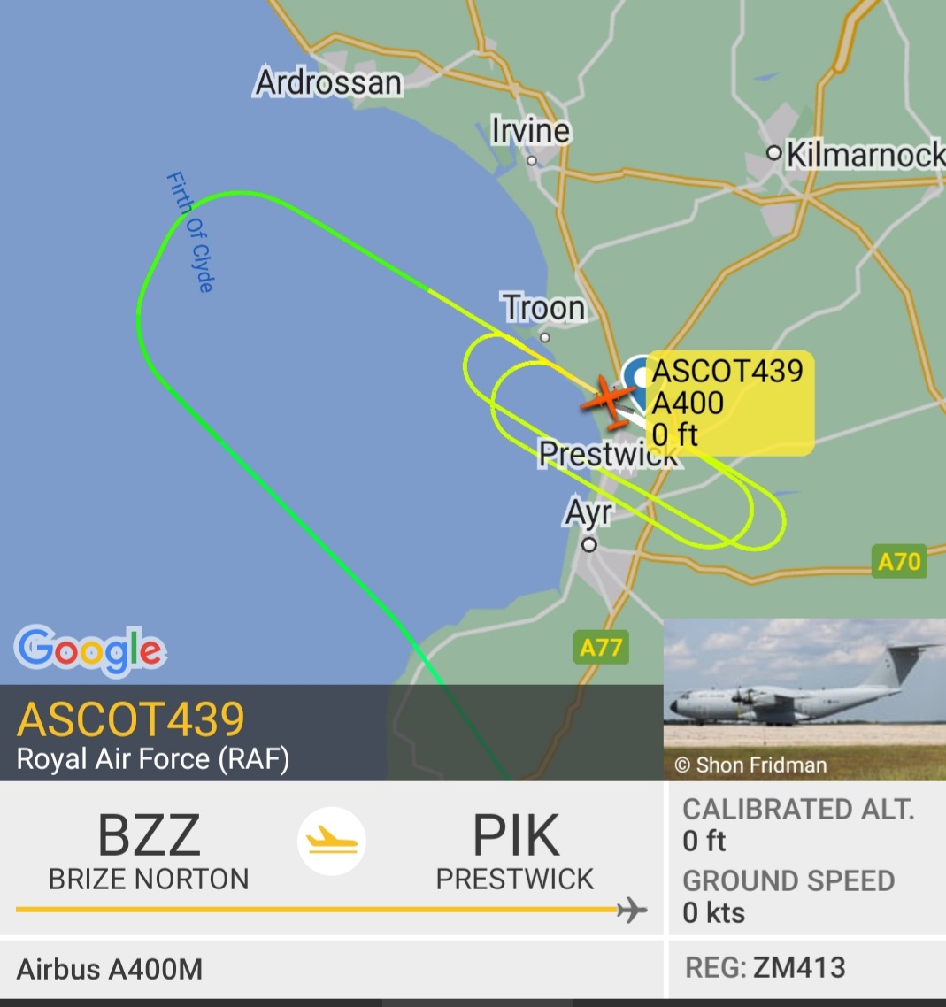 BloodyPolitics's tweet photo. I make that 3 days in a row that RAF Atlas #ZM413 #ASCOT439 from Brize Norton has done the Prestwick circuit. I wonder how much longer they're going to sit on the tarmac. It's way past bedtime. 😴 
 https://t.co/egNqtZboVx https://t.co/XANnPMTdhe