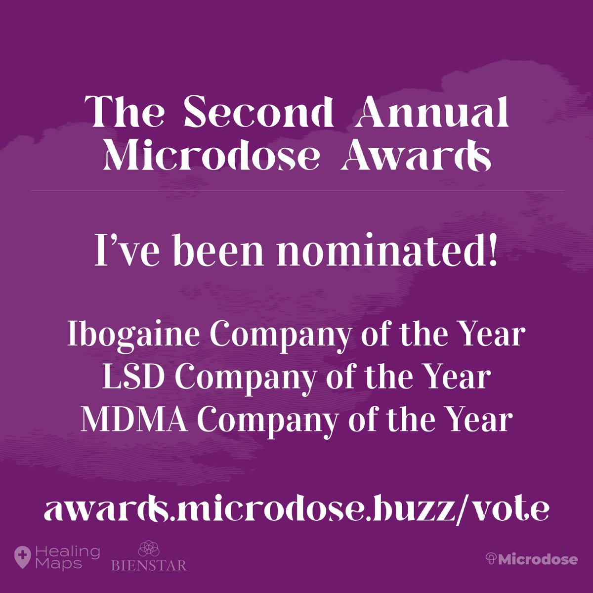 We are honored to be nominated for 3 awards this year at The Second Annual Microdose Awards:

-LSD Company of the year
-MDMA Company of the year
-Ibogaine Company of the year

Please vote for us by October 31 at: buff.ly/3gFIC4E

#psychedelics #psychedelicresearch