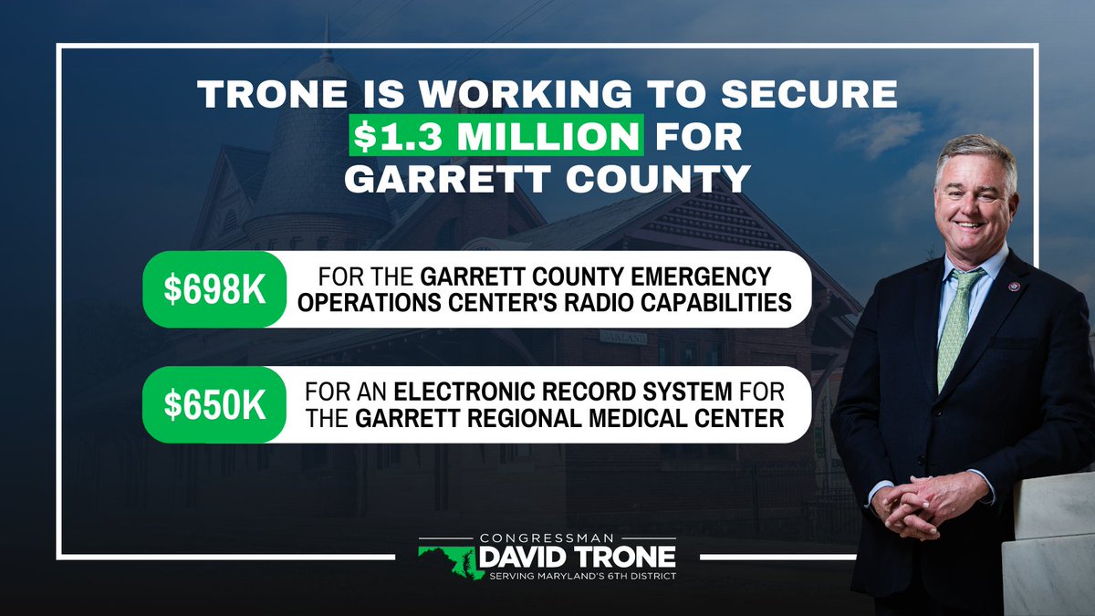 RepDavidTrone's tweet image. I&apos;m working to secure $1.3 million in #CommunityProjectFunding for Garrett County Emergency Services and Garrett Regional Medical Center. In Western Maryland, it can be difficult to access care and emergency services. That&apos;s why I won&apos;t stop fighting for rural investments!