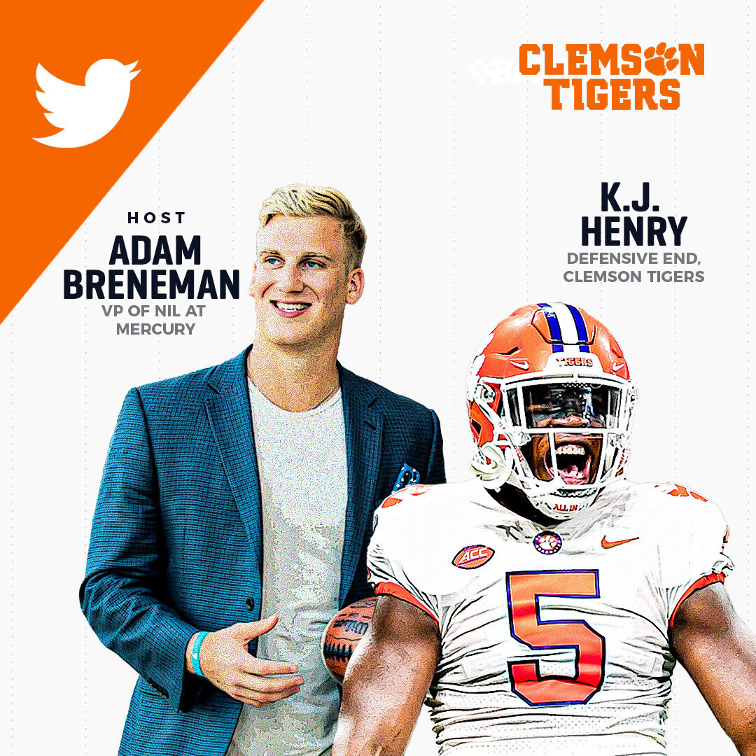 If you're in the #ClemsonFamily, you won't want to miss this! 🟠⚪️ Join @AdamBreneman81 and star Defensive End @thekjhenry for a LIVE Twitter Spaces where 🫵 can ask questions directly to KJ! 📅 Tues, 11/1 ⏰ 7:30PM EST 📍 LIVE on Twitter Spaces See you there 🐅 #clemson