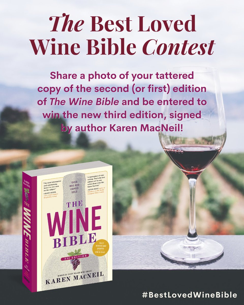 Calling all Wine Bible readers! We want to see your wine-stained, dog-eared, post-it covered, well-loved copy of the 2nd (or 1st) edition of #TheWineBible. Upload your photo at woobox.com/23k4n8 for a chance to win the NEW third edition signed by @KarenMacNeilCo!