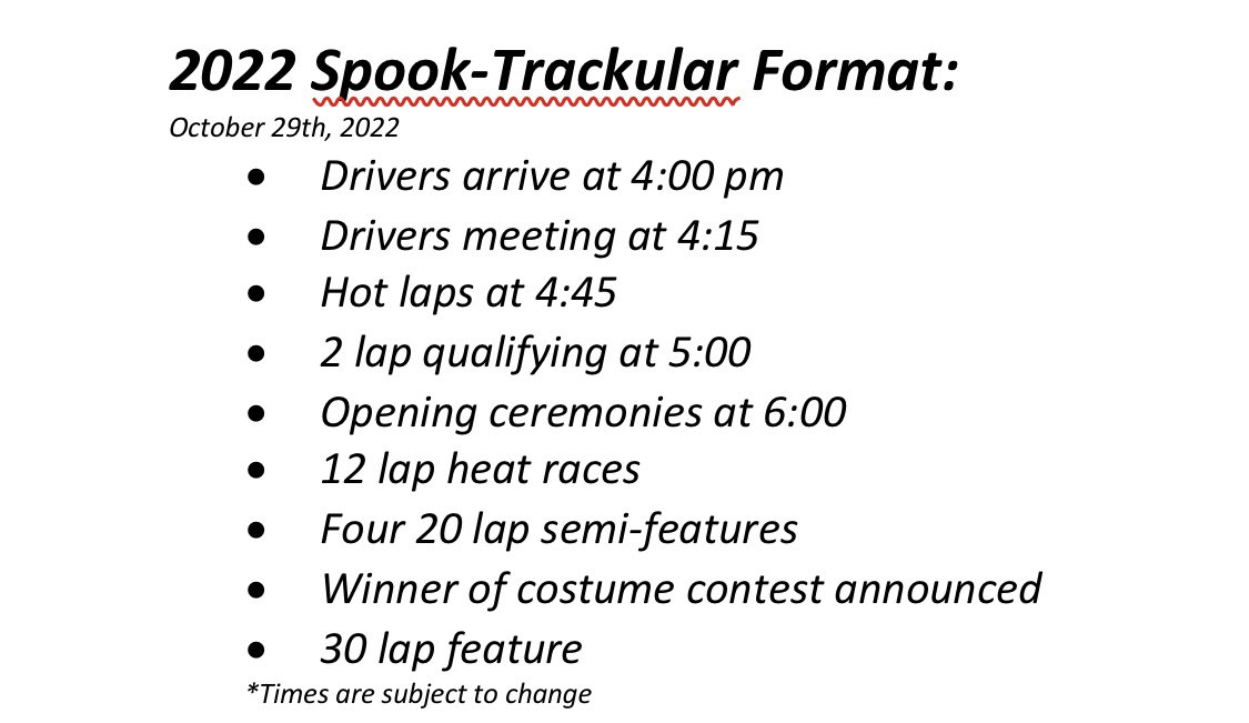 SpeedwayDevil's tweet photo. Order of events for this Saturday #SpookTrackular 👇 https://t.co/4lcBBIMtLo