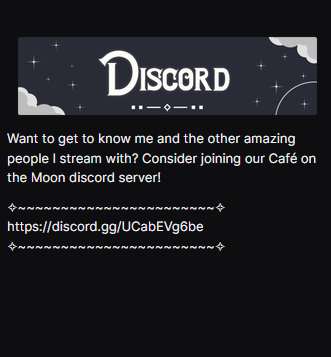 I'm back on Twitch! come check out the spiffy new channel designs including our new Discord panel! See you soon~ 💜