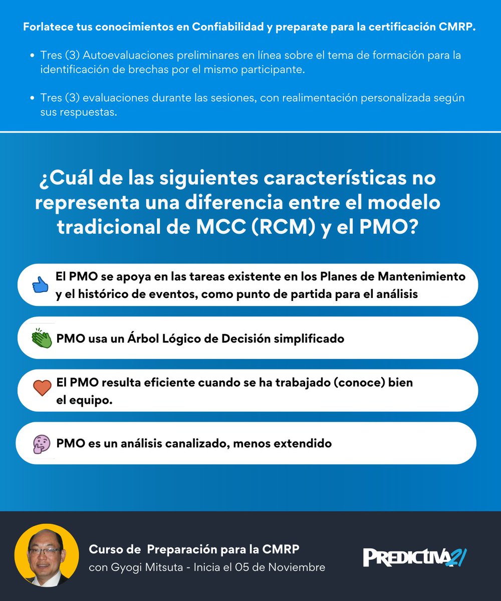 Conoce más sobre Formación y Preparación para la Certificación CMRP. Aprende más de este curso 📔: predictiva21.com/producto/curso…

Para más información, contáctanos al WhatsApp📱 bit.ly/3gGQlQ3

#mantenibilidad #confiabilidad #fiabilidad