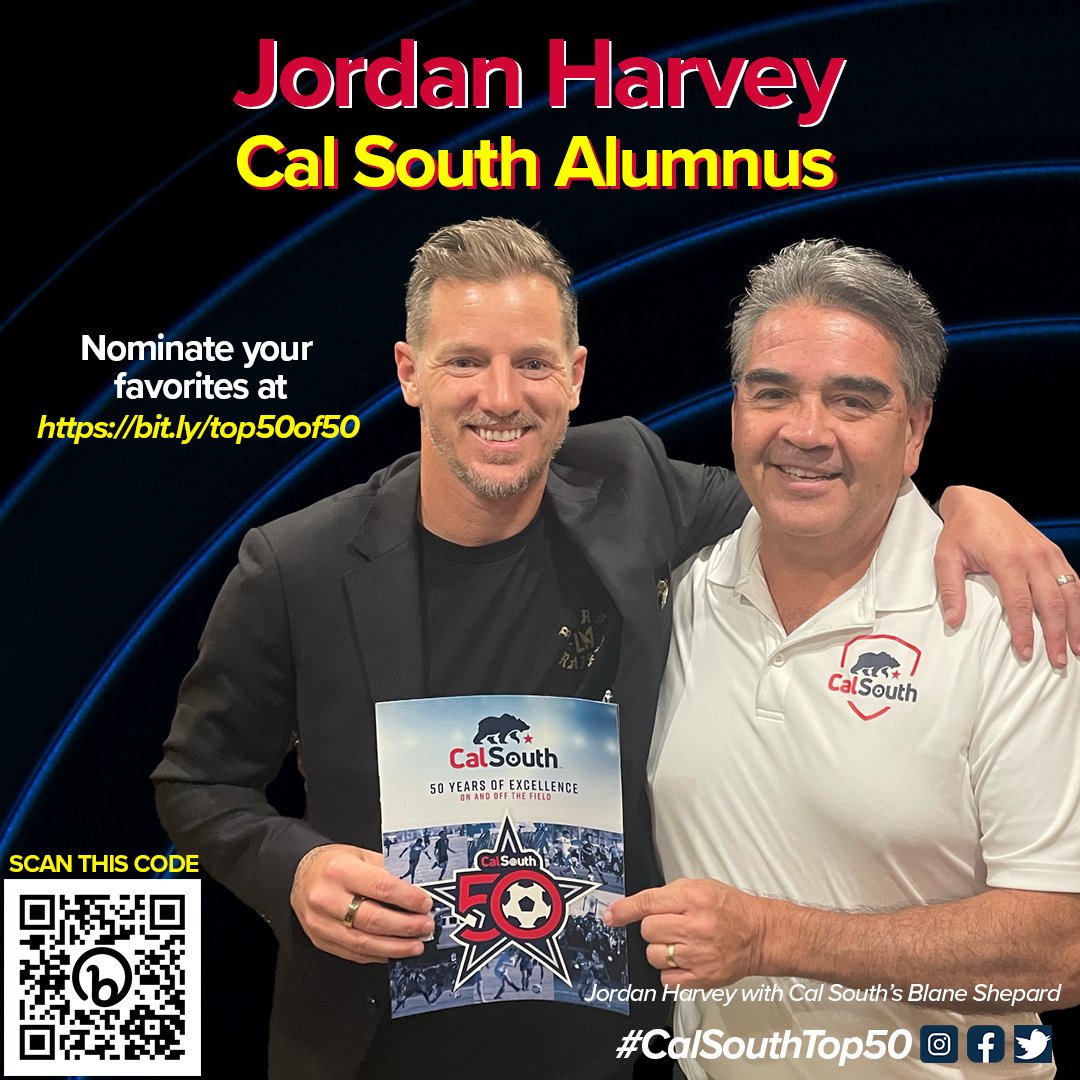 Is @JordanCHarvey one of your all-time favorite Cal South alumni? Who are your favorites? Share with us for our 50th anniversary! Scan the QR code below OR visit bit.ly/top50of50 OR use this hashtag: #CalSouthTop50 to make your nominations now! #soccer #calsouth