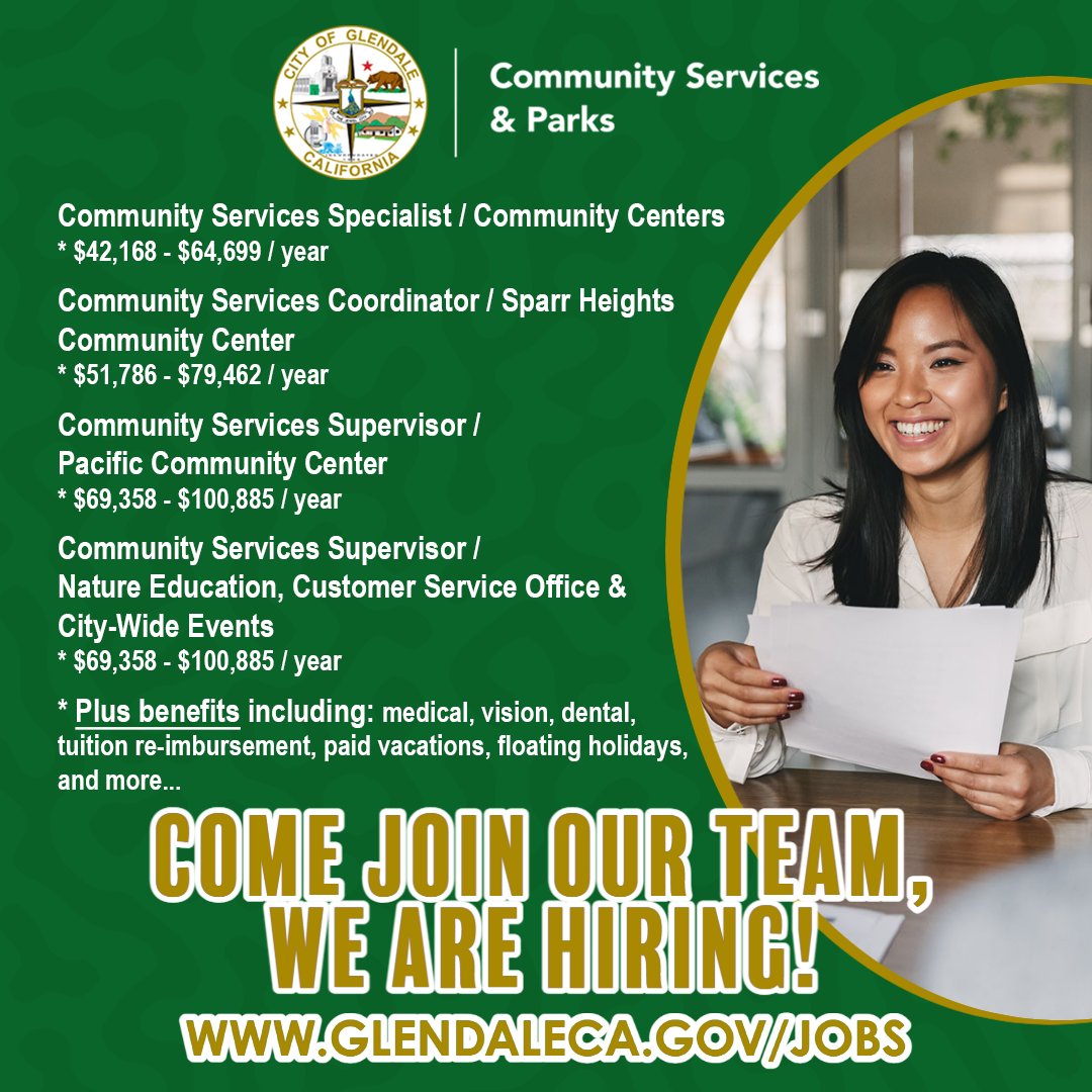 MyGlendaleParks's tweet photo. The City of Glendale's Community Services &amp; Parks Dept. is looking for talented individuals who are interested in working in the field of recreation.  Visit https://t.co/Okpz3bxV2m for available positions. @myglendale @COGHR #myglendale #myglendaleparks https://t.co/GQxfjrBUXe