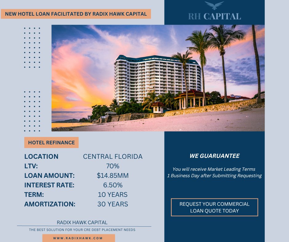Radix Hawk Capital Facilitates New $14.85 Million Hotel Refinance Commercial Real Estate Loan!

Radix Hawk Capital Guarantees we will achieve the Best Terms Offered for your CRE lending needs within 1 BUSINESS DAY after submitting your loan...