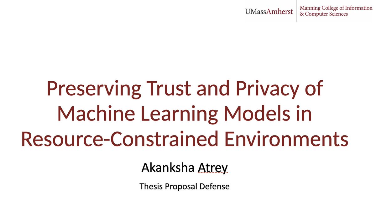 Prashant Shenoy (@pshenoy) on Twitter photo Congratulations to <a href="/akanksha_atrey/">Akanksha Atrey</a> for successfully defending her thesis proposal!
Her thesis is at the intersection of privacy, #MachineLearning and distributed systems. Congratulations to <a href="/akanksha_atrey/">Akanksha Atrey</a> for successfully defending her thesis proposal!
Her thesis is at the intersection of privacy, #MachineLearning and distributed systems.