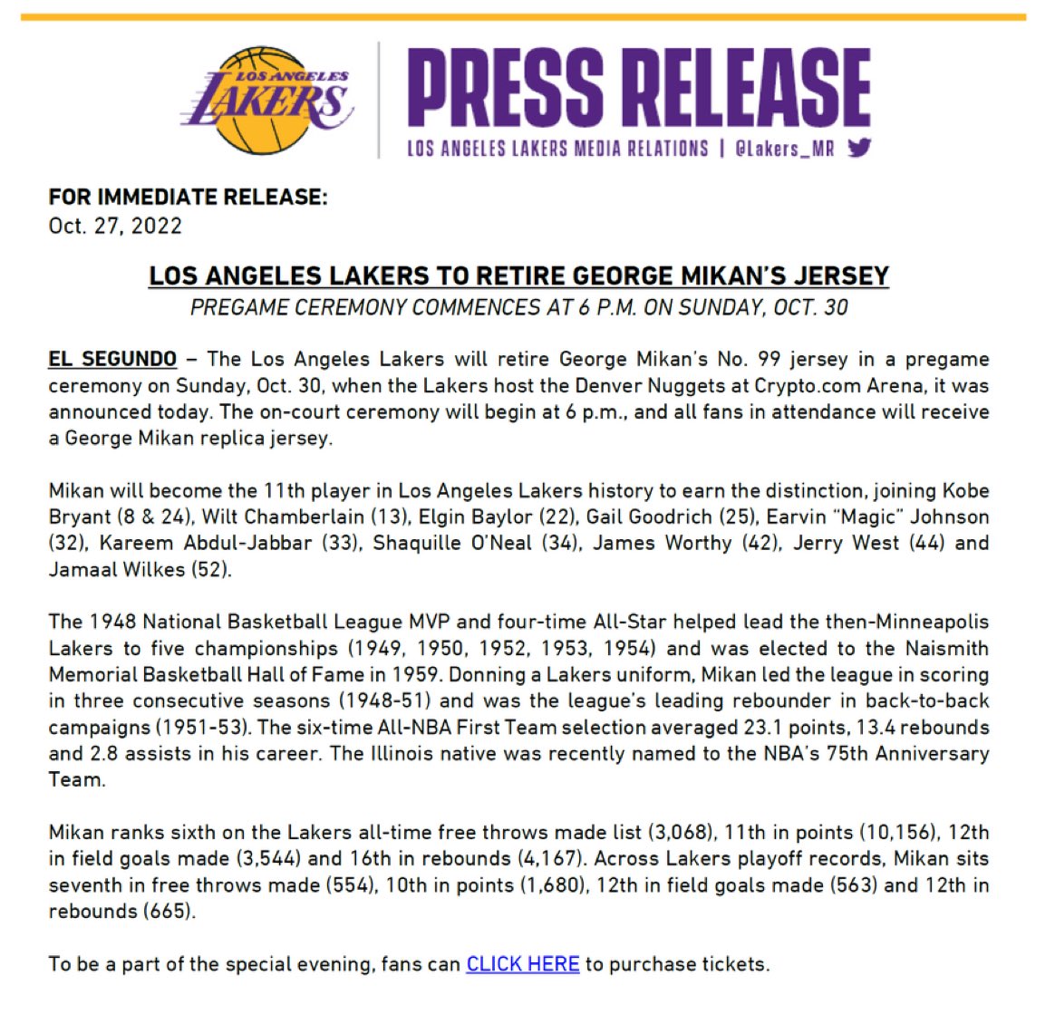 Lakers retire George Mikan's No. 99 jersey in pregame ceremony