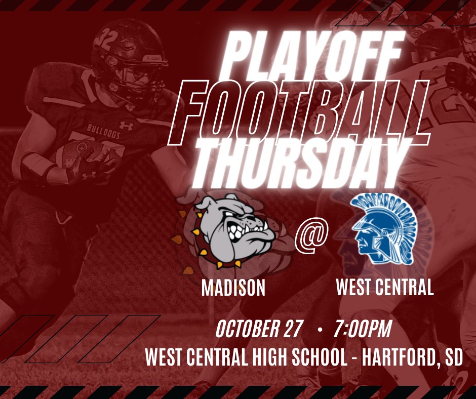 Playoff Football tonight against the West Central Trojans. 
🏈 : Kickoff: 7pm
📍 : West Central High School - Hartford, SD
💻 : Watch Live at dailyleaderlive.com