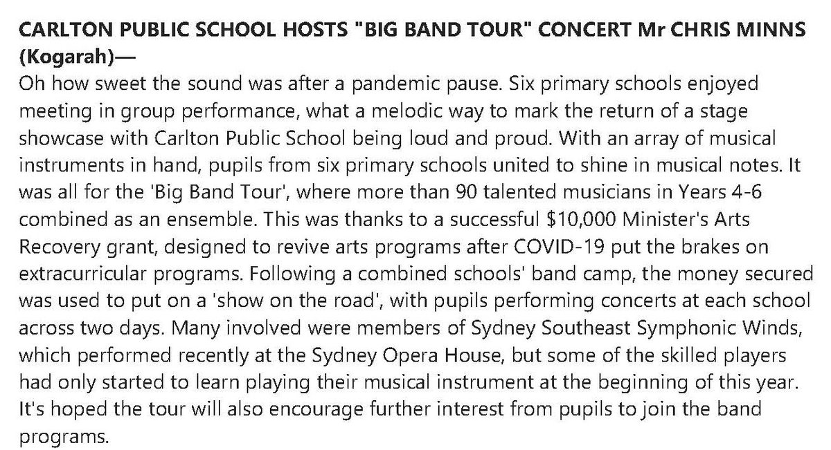 Thanks <a href="/ChrisMinnsMP/">Chris Minns</a> for your support and public recognition in parliament. <a href="/NSWEducation/">NSW Dept of Education</a> <a href="/TheArtsUnit/">The Arts Unit</a>