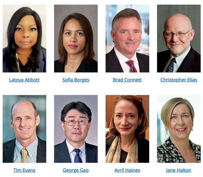 SourceForTruth's tweet photo. #Event201 #Plandemic #Players (1 of 2)
#GlobalBusiness #Govt #PublicHealth leaders tasked w/policy response to #Event201 #Pandemic scenario.
L-R/Top #LatoyaAbbott #SofiaBorge #BradConnett #ChristopherElias Bottom #TimEvans #GeorgeGao #AvrilHaines #JaneHolton https://t.co/4r7uWcw9ps
